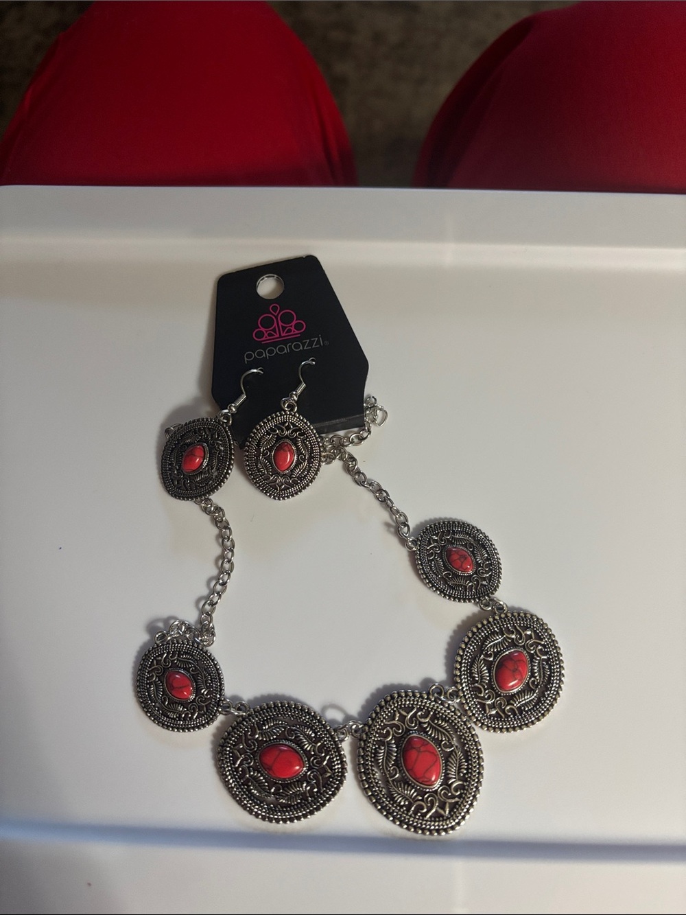 paparazzi Silver-Tone Medallion Necklace with Red Cabochons with earrings
